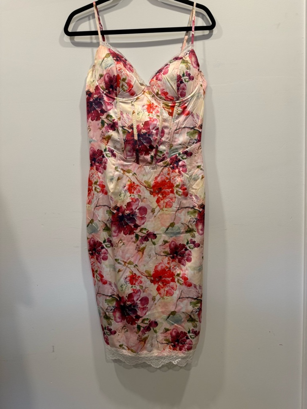 Floral Pink Satin Slip Dress with Lace Trim